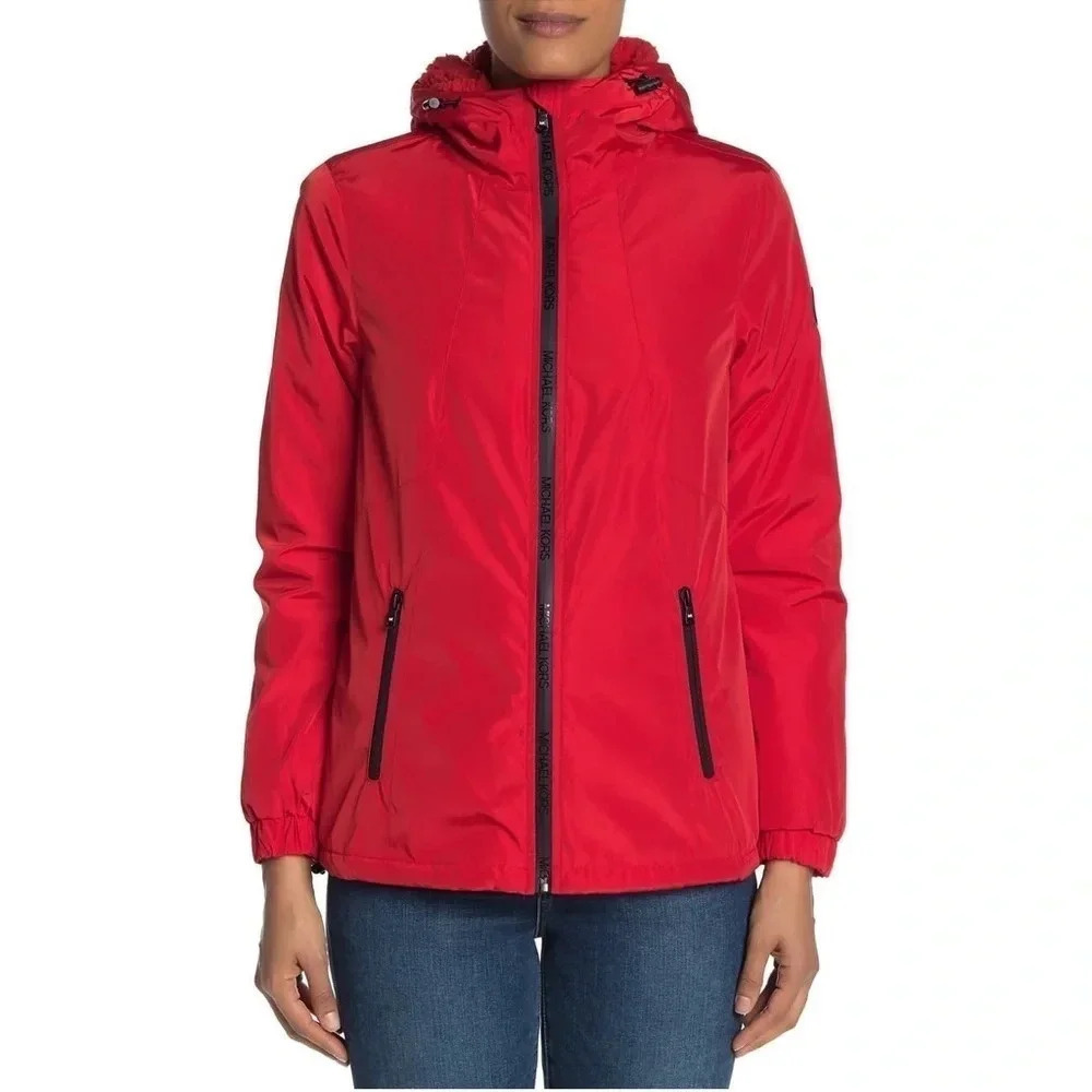 Michael Kors Red Faux Sherpa Jacket Winter Coat XS Cozy Warm Hooded